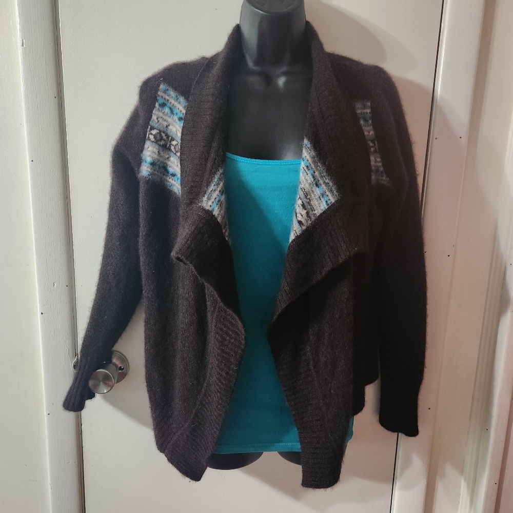 Womans Dark Brown Turquoise and Grey Design Cashmere 2-Ply Size Medium Sweater